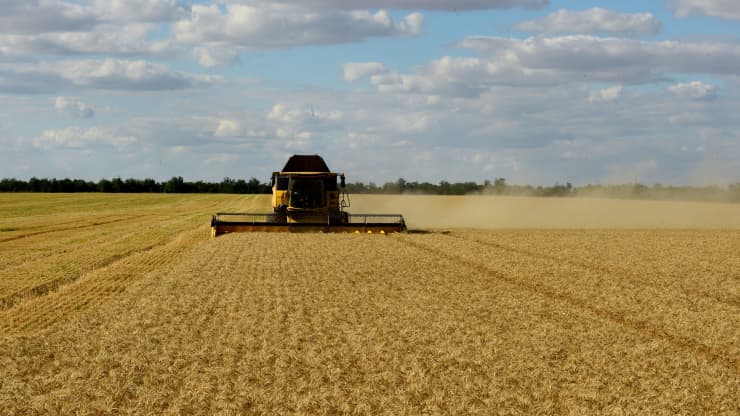 Nông dân thu hoạch một cánh đồng lúa mì gần Melitopol ở Ukraine trong bối cảnh Nga tấn công dữ dội.