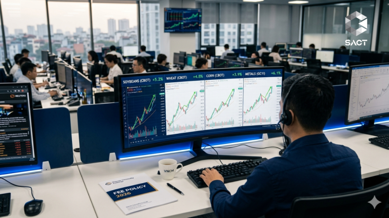 Màn hình giao dịch hàng hóa phái sinh MXV hiển thị biểu đồ giá nông sản và kim loại, kèm tài liệu chính sách phí 2026 trên bàn làm việc chuyên nghiệp